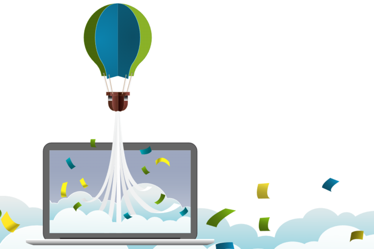 Ein Ballon steigt aus einem Laptop auf. Die Illustration ist in Grüntönen gehalten.